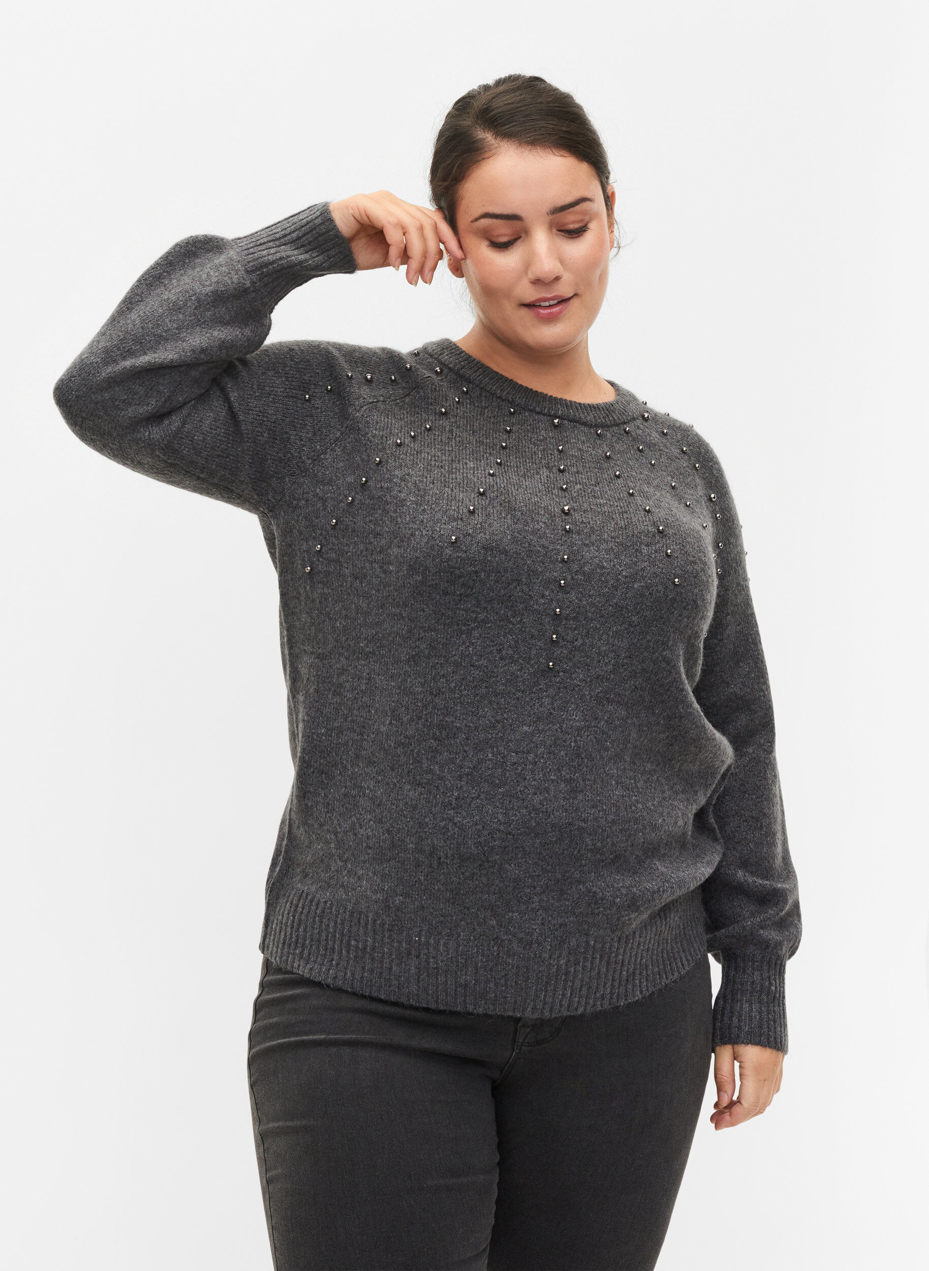 Zizzi Pull en maille avec perles, Dark Grey Melange, Model image number 0