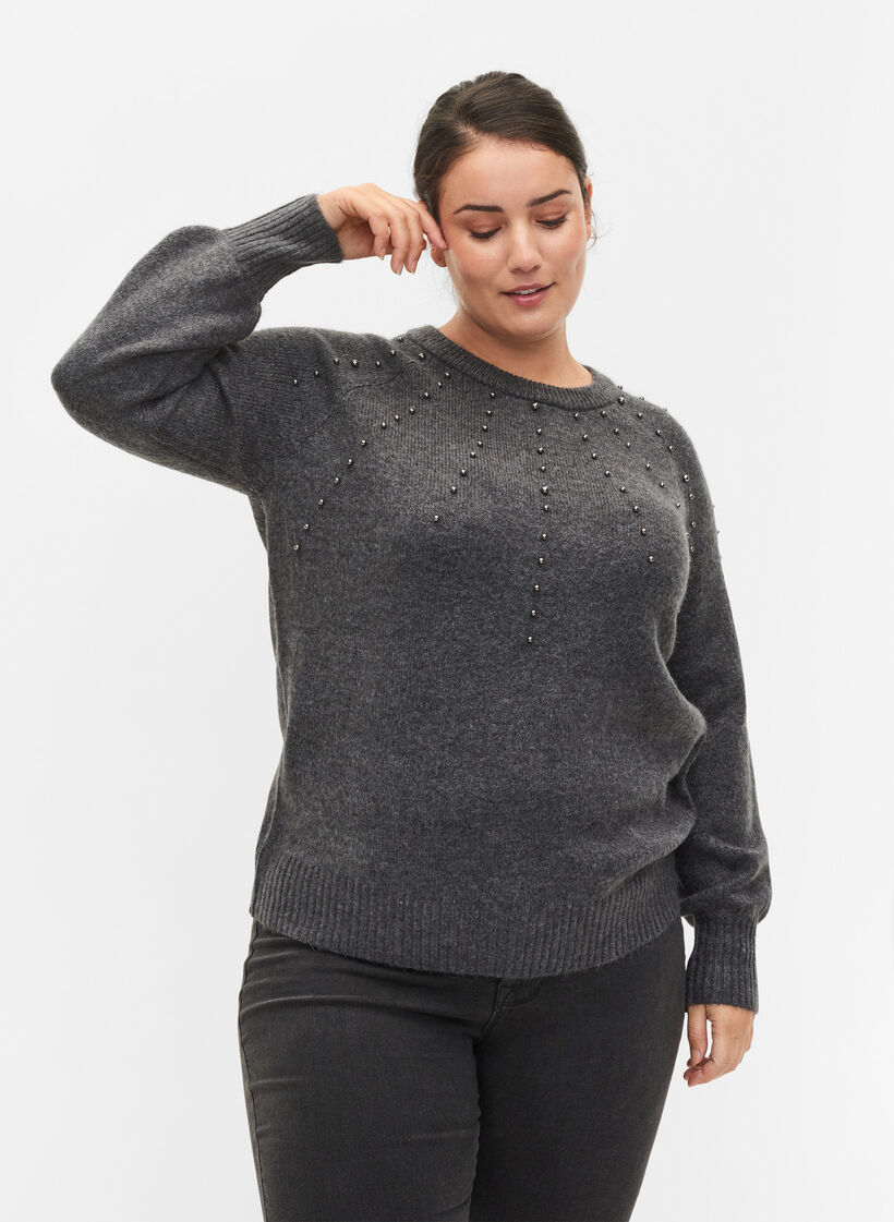 Pull en maille avec perles, Dark Grey Melange, Model image number 0