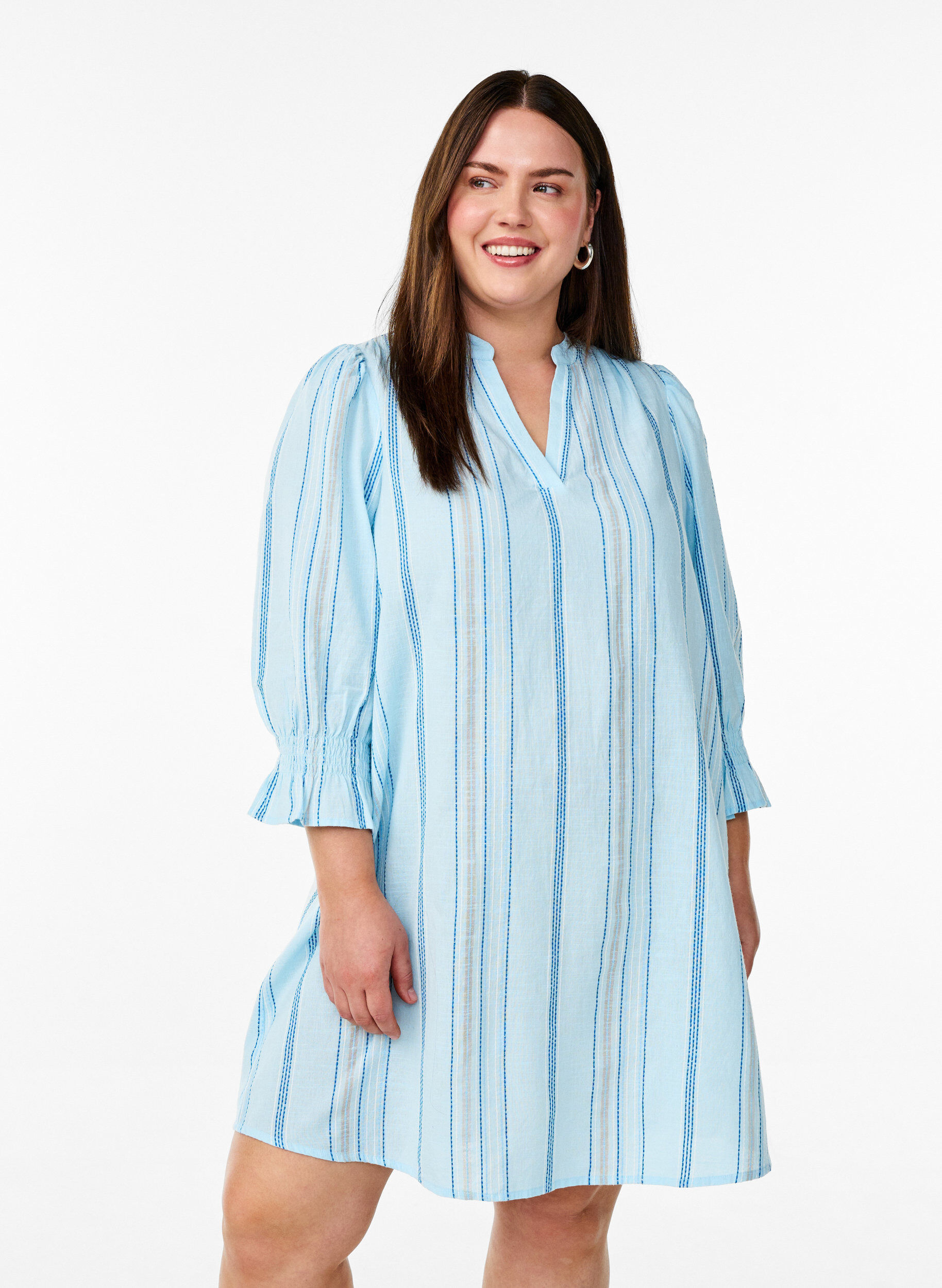 Robe courte en coton &agrave; rayures, Bleu Clair, Model