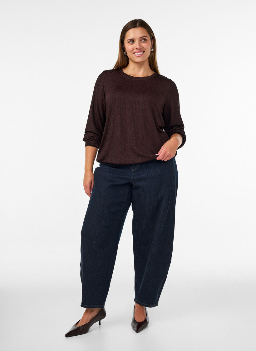 Blouse avec texture verticale et fils scintillants, Marron, Model image number 1