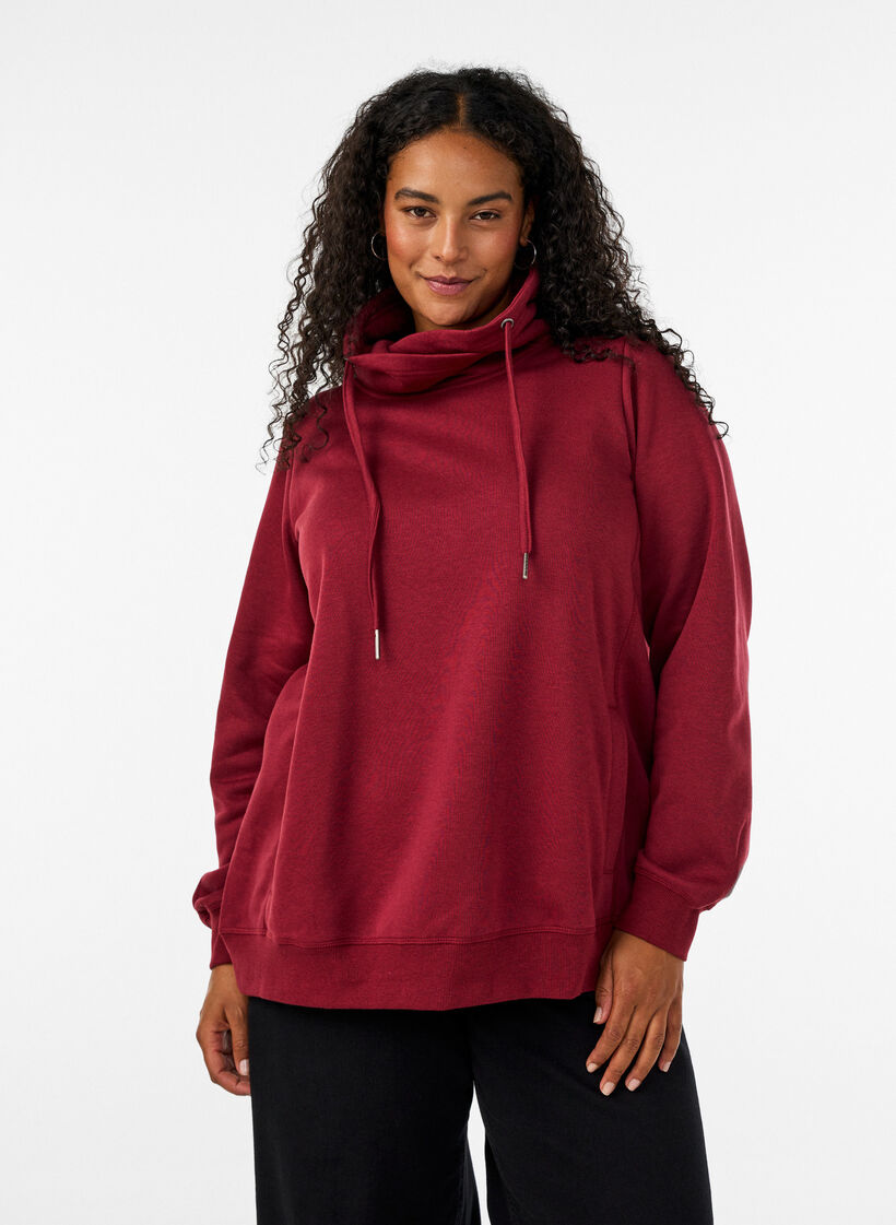 Sweat &agrave; col montant et poches, Bordeaux, Model image number 0