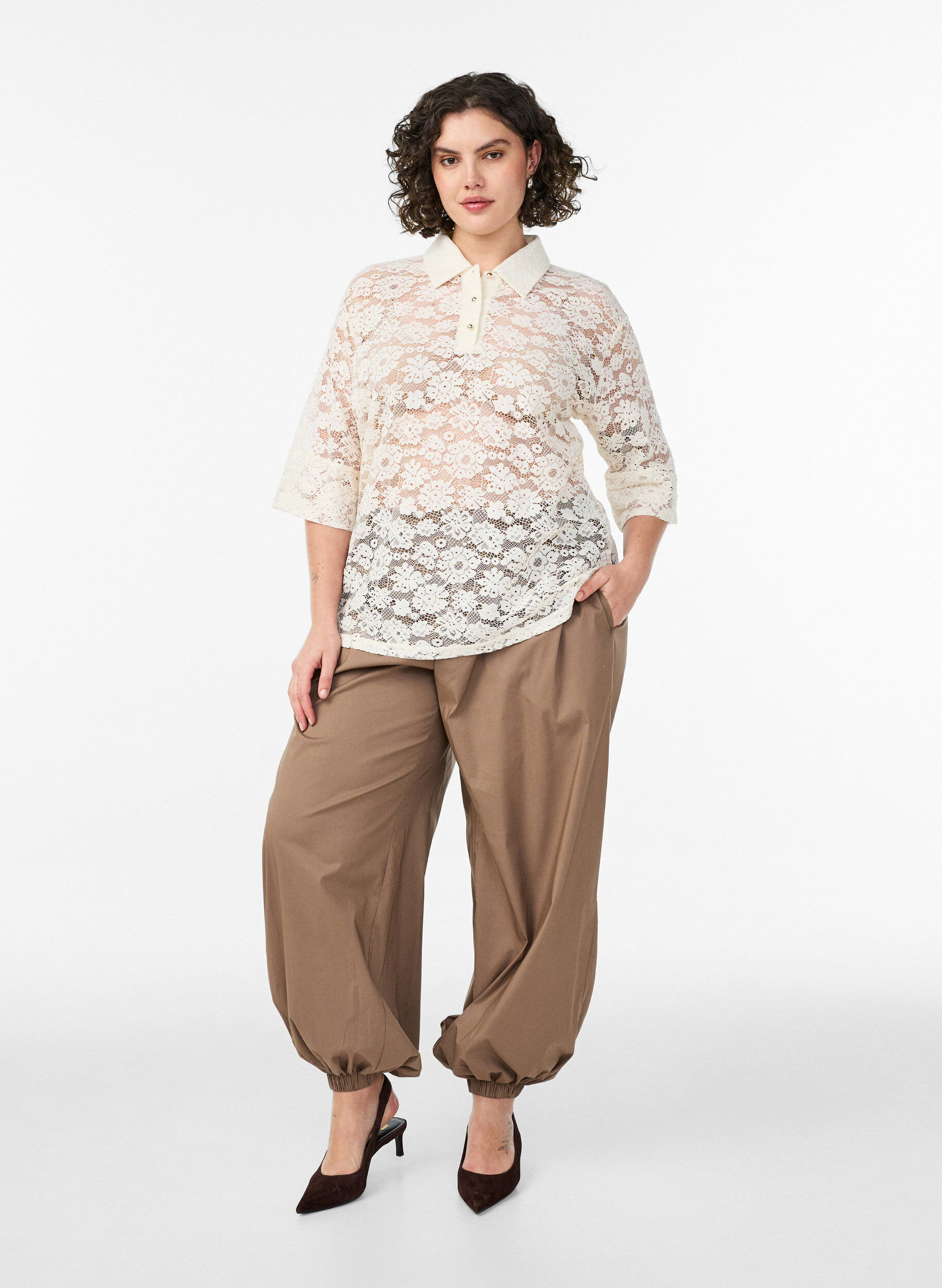 Zizzi Blouse en dentelle avec col et manches 1/2, Vanille, Model image number 1