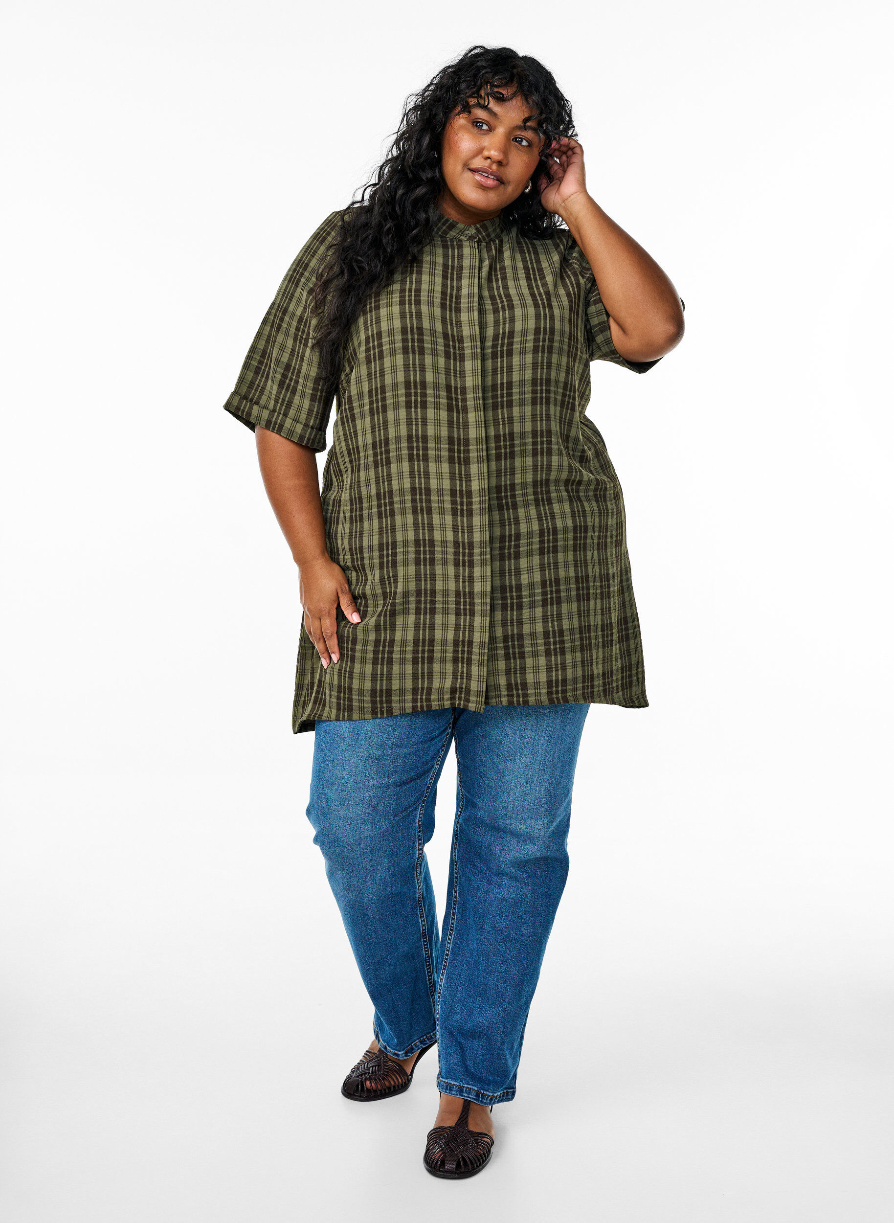 Zizzi Tunique &agrave; manches courtes et &agrave; carreaux, Vert, Model image number 1