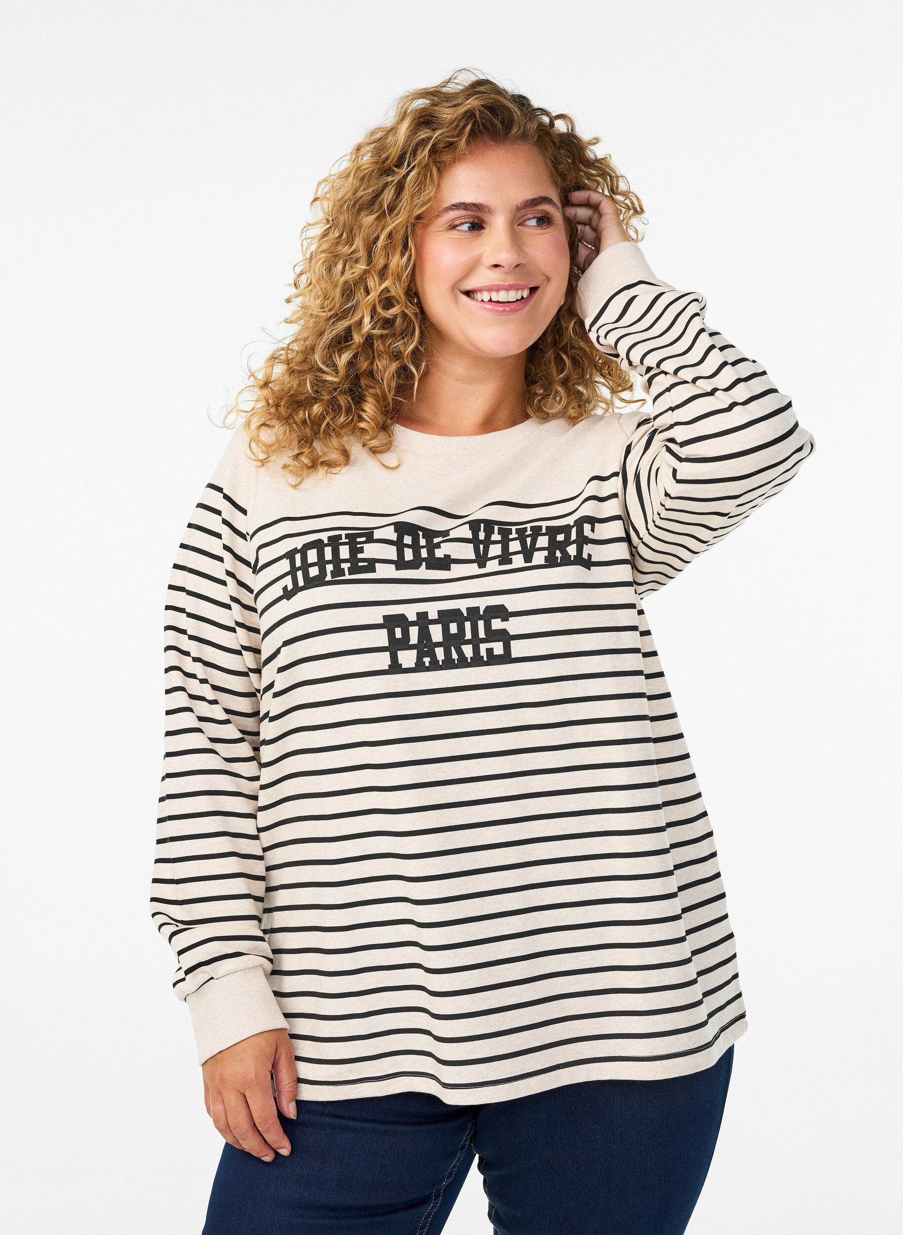 Sweatshirt &agrave; rayures et imprim&eacute; texte, Beige, Model