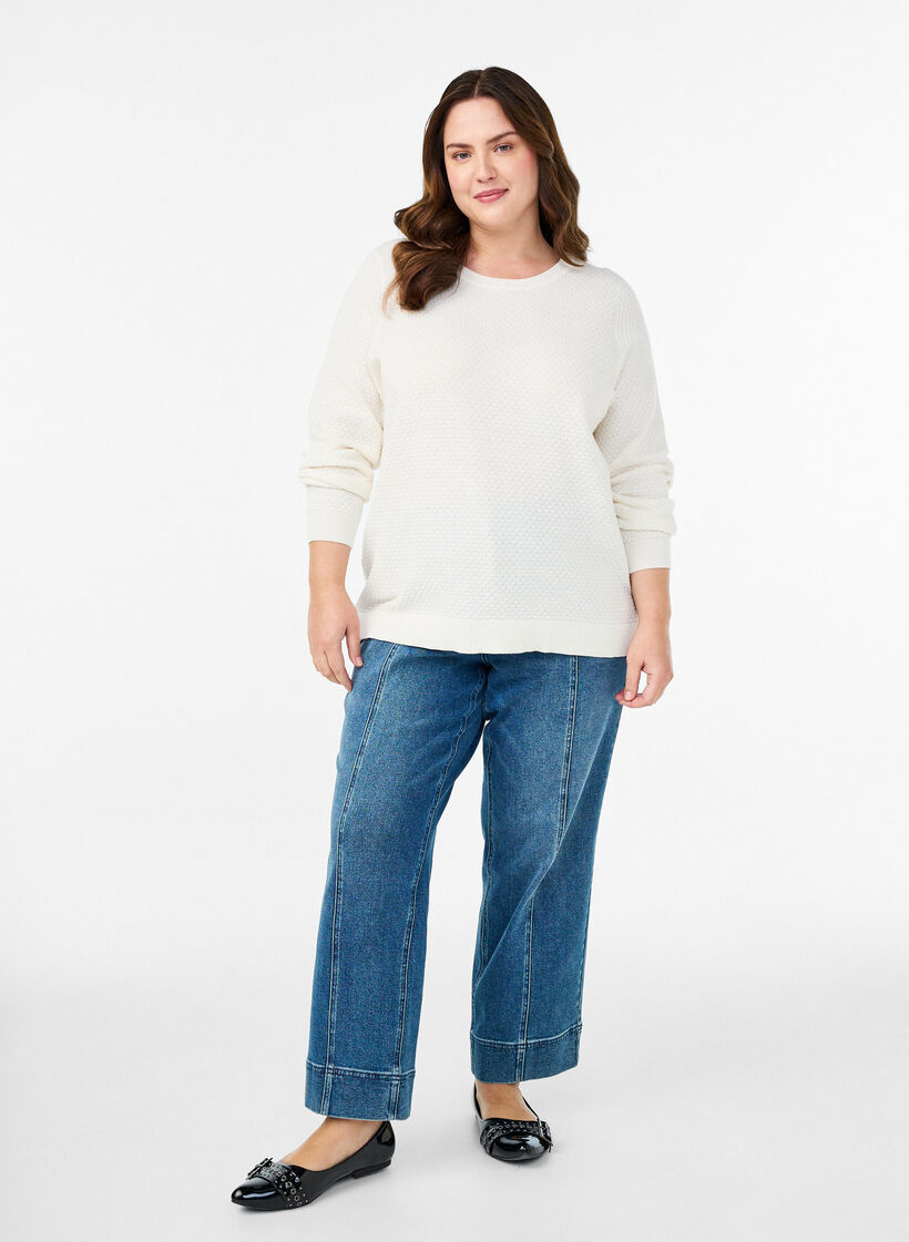 Blouse en maille de coton avec motif texturé, Vanille, Model image number 1