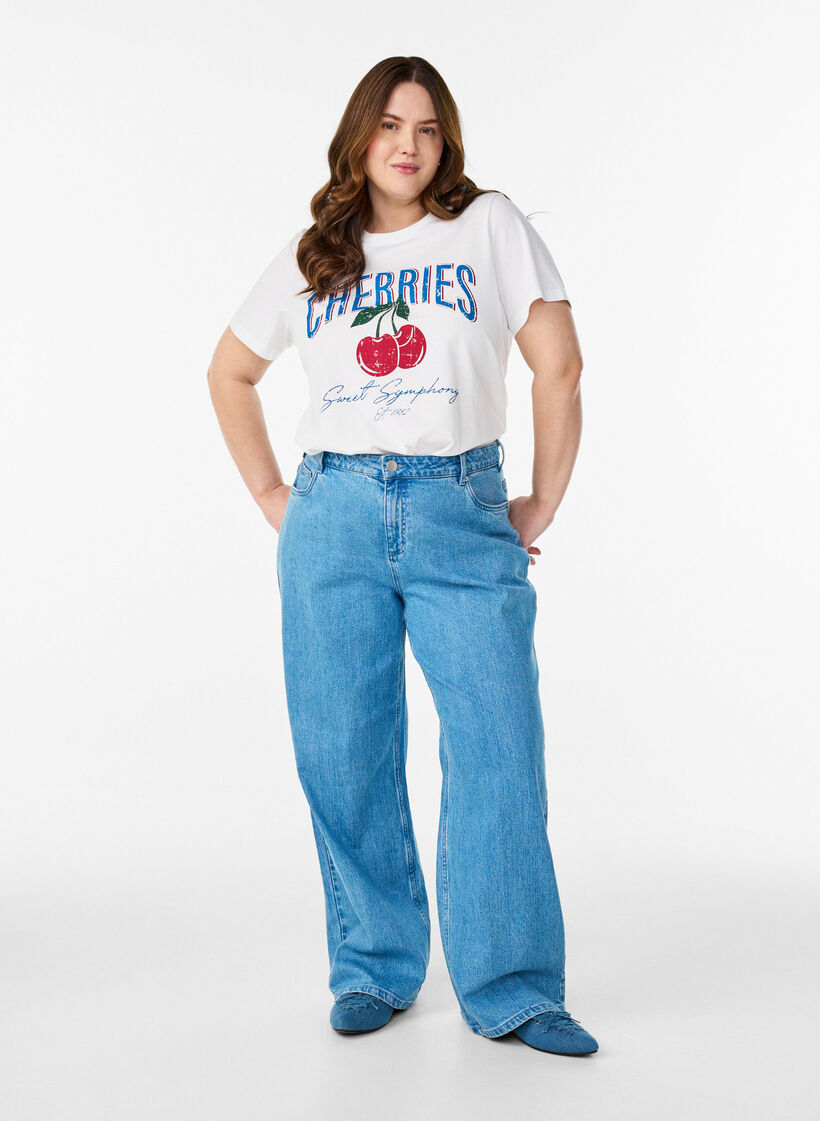 T-shirt en coton avec imprim&eacute; fruits et texte, Blanc, Model image number 1