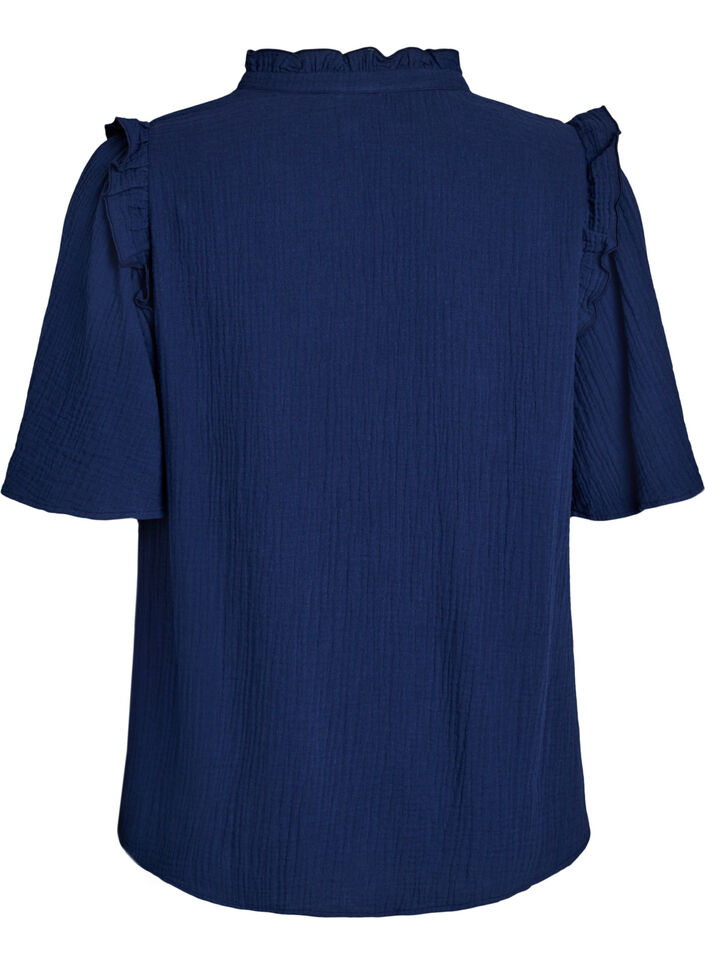 Blouse en mousseline de coton avec broderie anglaise et manches 1/2, Bleu, Packshot image number 1