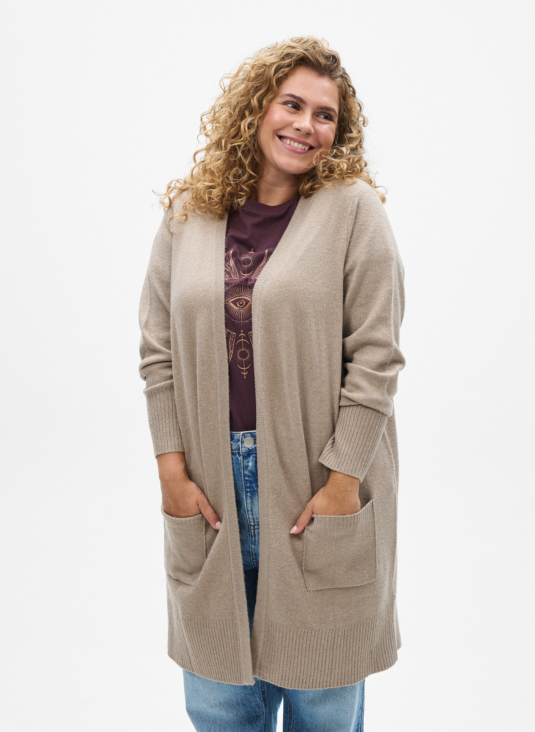 ZizziCardigan en tricot c&ocirc;tel&eacute; avec poches, Beige, Model image number 0
