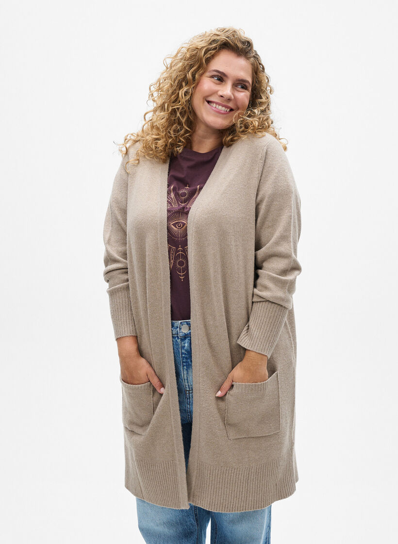 Cardigan en tricot c&ocirc;tel&eacute; avec poches, Beige, Model image number 0