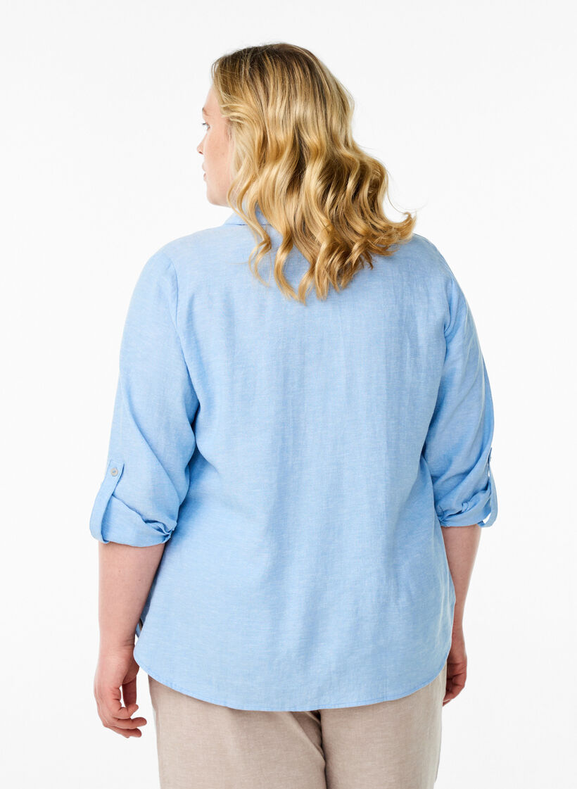 Chemise en lin et viscose avec manches 3/4, Bleu, Model image number 2