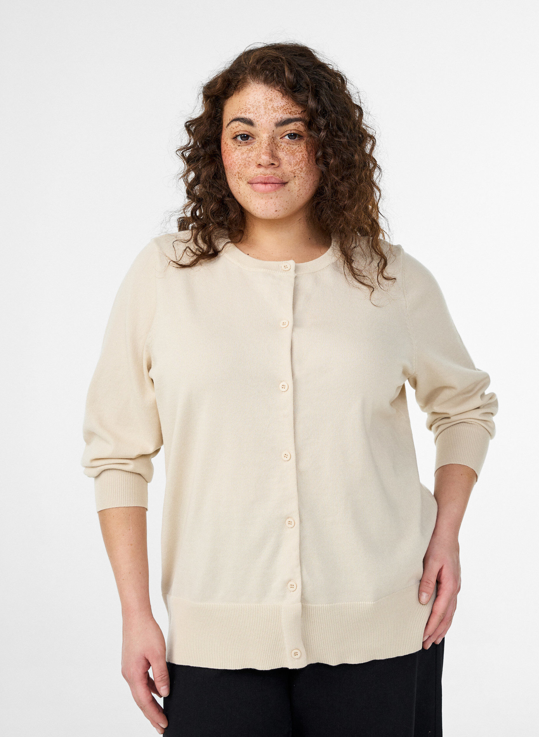 ZizziCardigan en maille fine avec col rond, Beige, Model image number 0