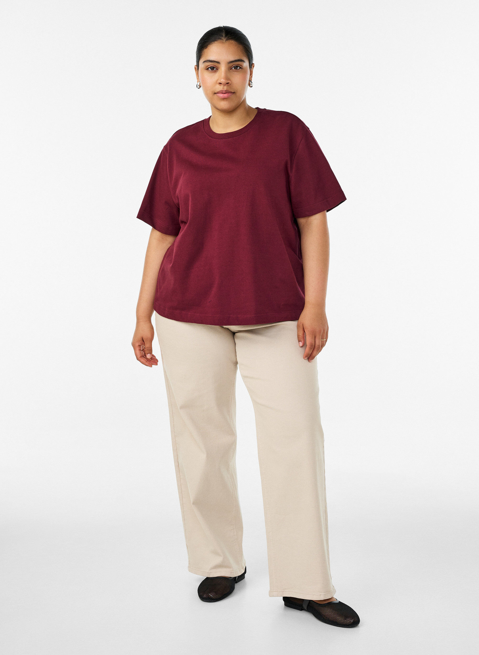 ZizziT-shirt coupe boxy en coton, Bordeaux, Model image number 1