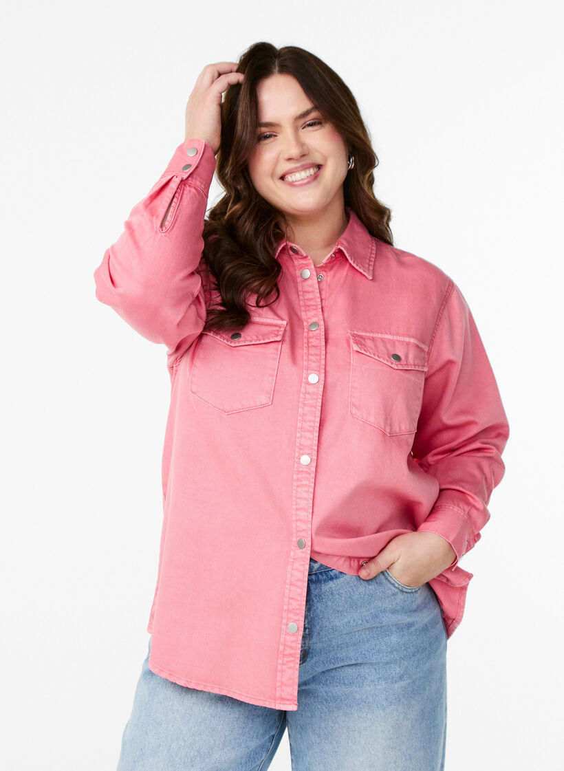 Chemise en jean avec poches de poitrine, Rose, Model image number 0