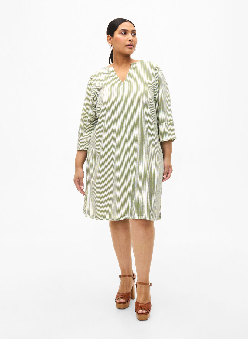 Robe rayée à manches 3/4, Green Stripe, Model image number 2