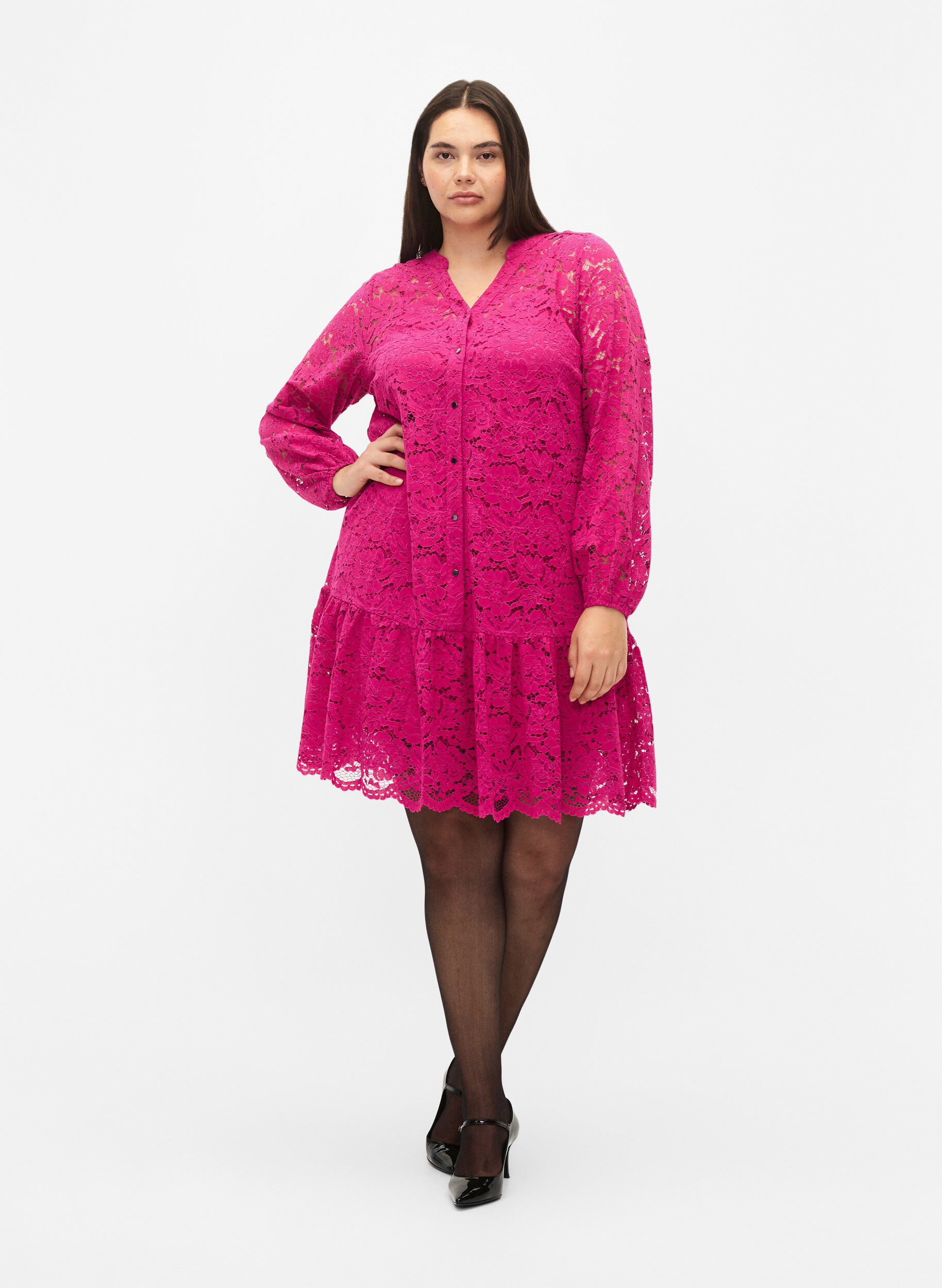 Zizzi Robe en dentelle avec boutons et forme en A, Festival Fuchsia, Model image number 2