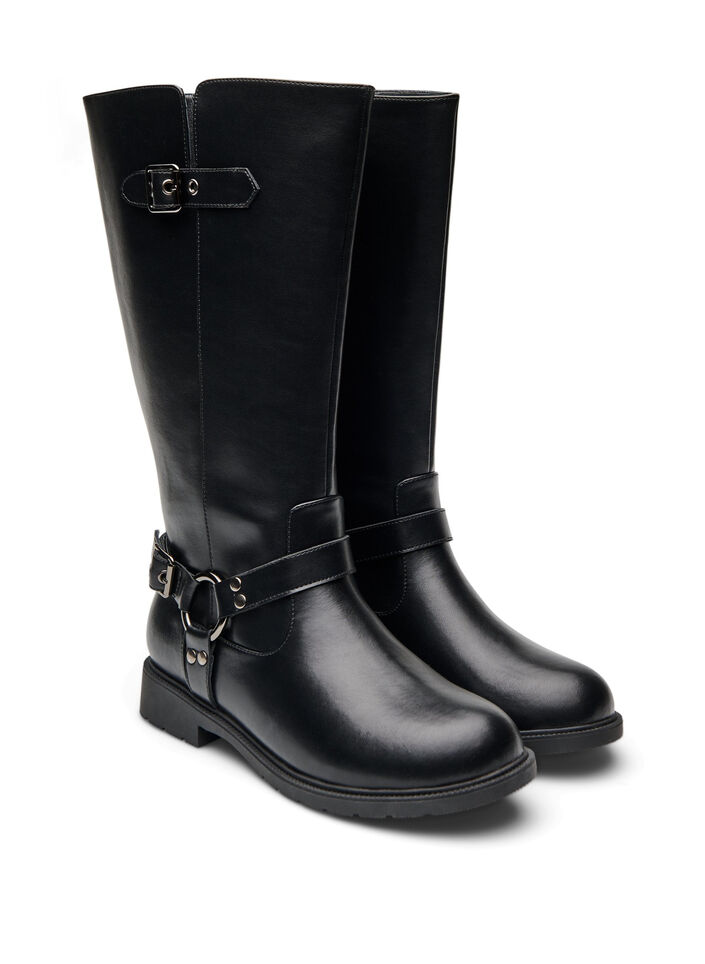 Botte haute en cuir avec boucles d&eacute;coratives, Noir, Packshot image number 1