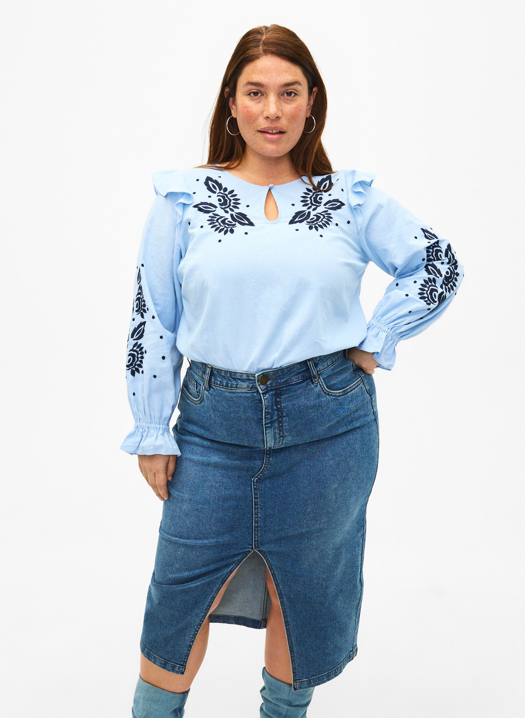 Zizzi Jupe en jean avec fente sur le devant, Blue denim, Model image number 0