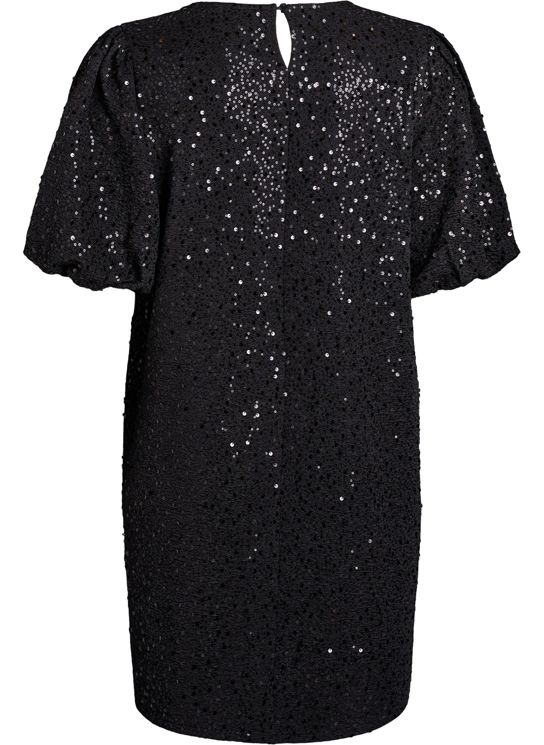 Zizzi Robe courte &agrave; sequins &agrave; manches bouffantes, Noir, Packshot image number 1