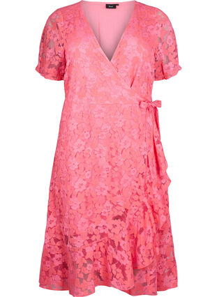 Robe cache-cœur avec dentelle et manches courtes, Pink Carnation, Packshot image number 0