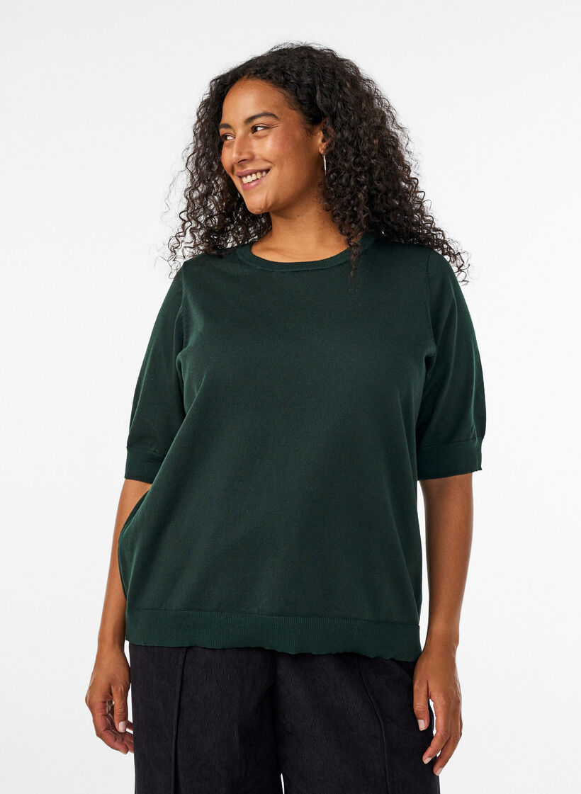 Blouse en fine maille &agrave; manches courtes, Vert fonc&eacute;, Model image number 0