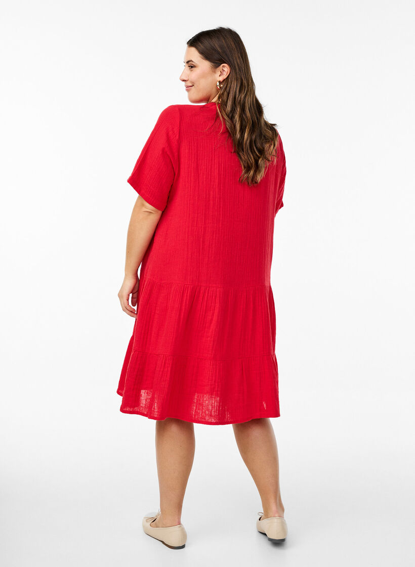 Robe courte évasée en mousseline de coton, Rouge, Model image number 2