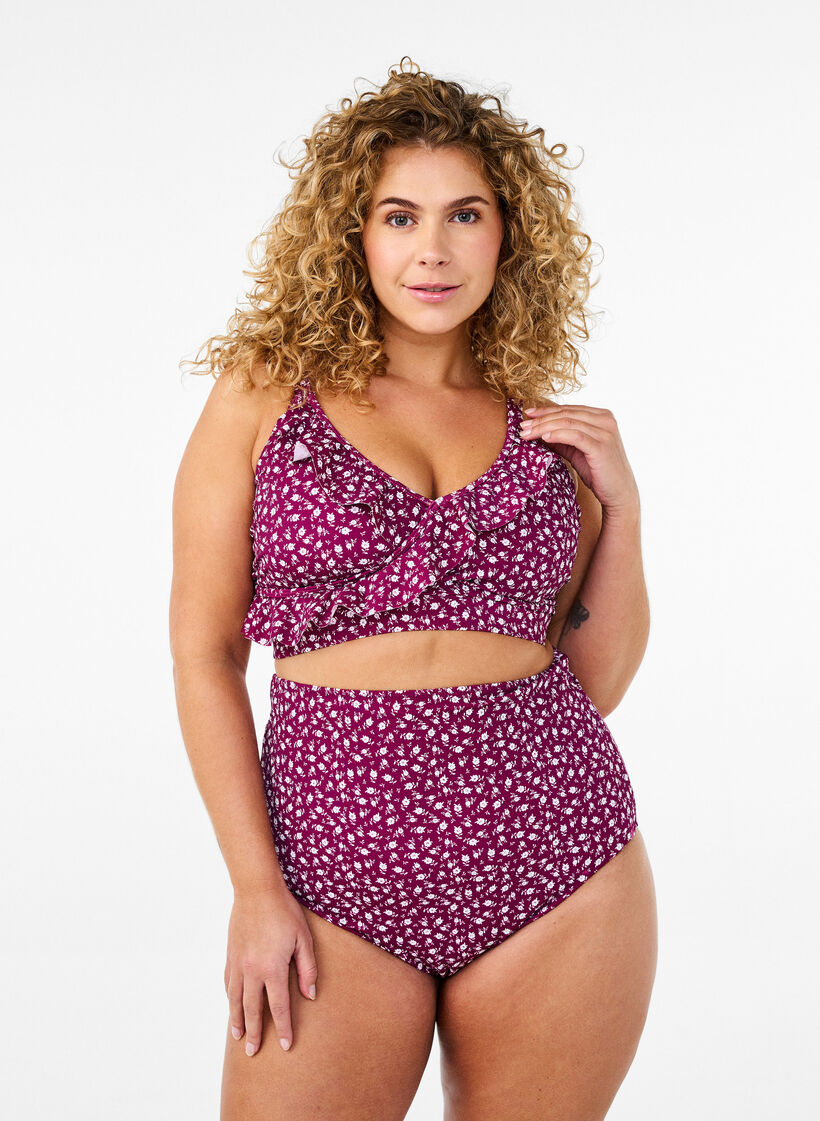 Culotte de bikini taille très haute à imprimé floral, Bordeaux, Model image number 0