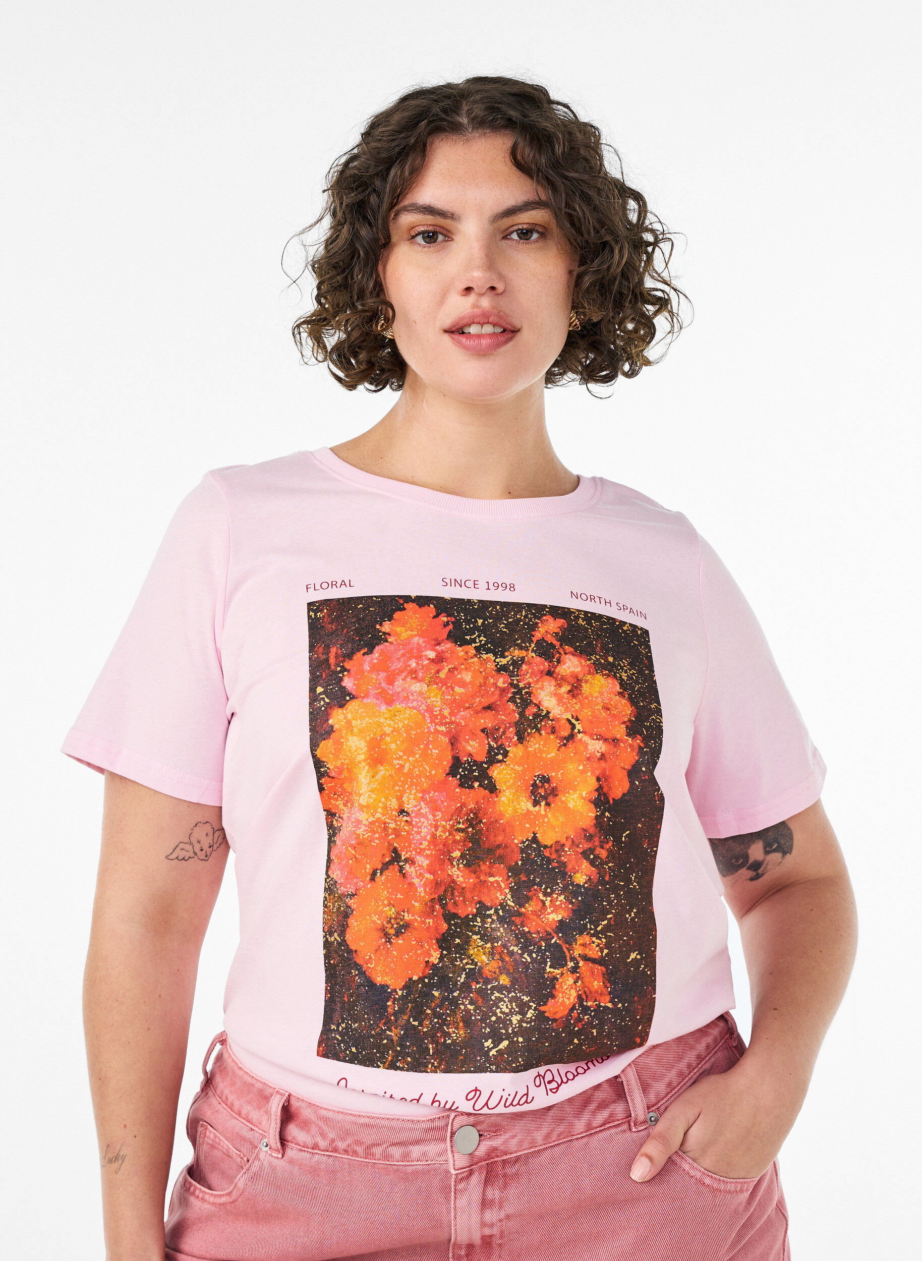 T-shirt en coton avec imprim&eacute; devant, Rose, Model