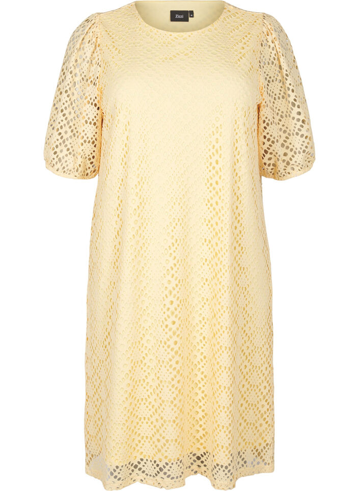Robe mi-longue avec motif ajour&eacute; et manches courtes, Jaune clair, Packshot image number 0