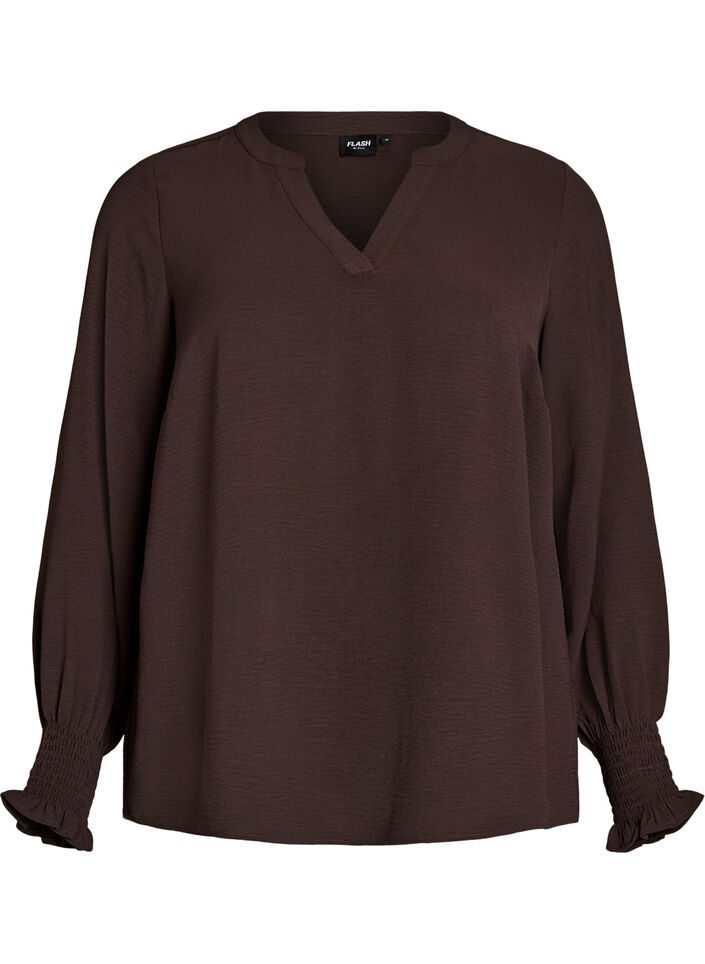 Blouse avec poignets smock&eacute;s et col en V, Marron, Packshot image number 0