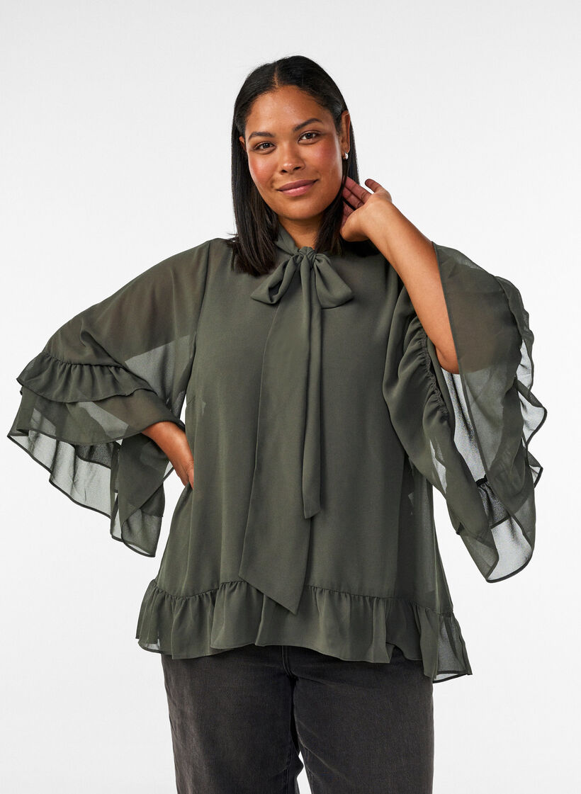 Blouse avec ruban &agrave; nouer et volants, Gris anthracite, Model image number 0