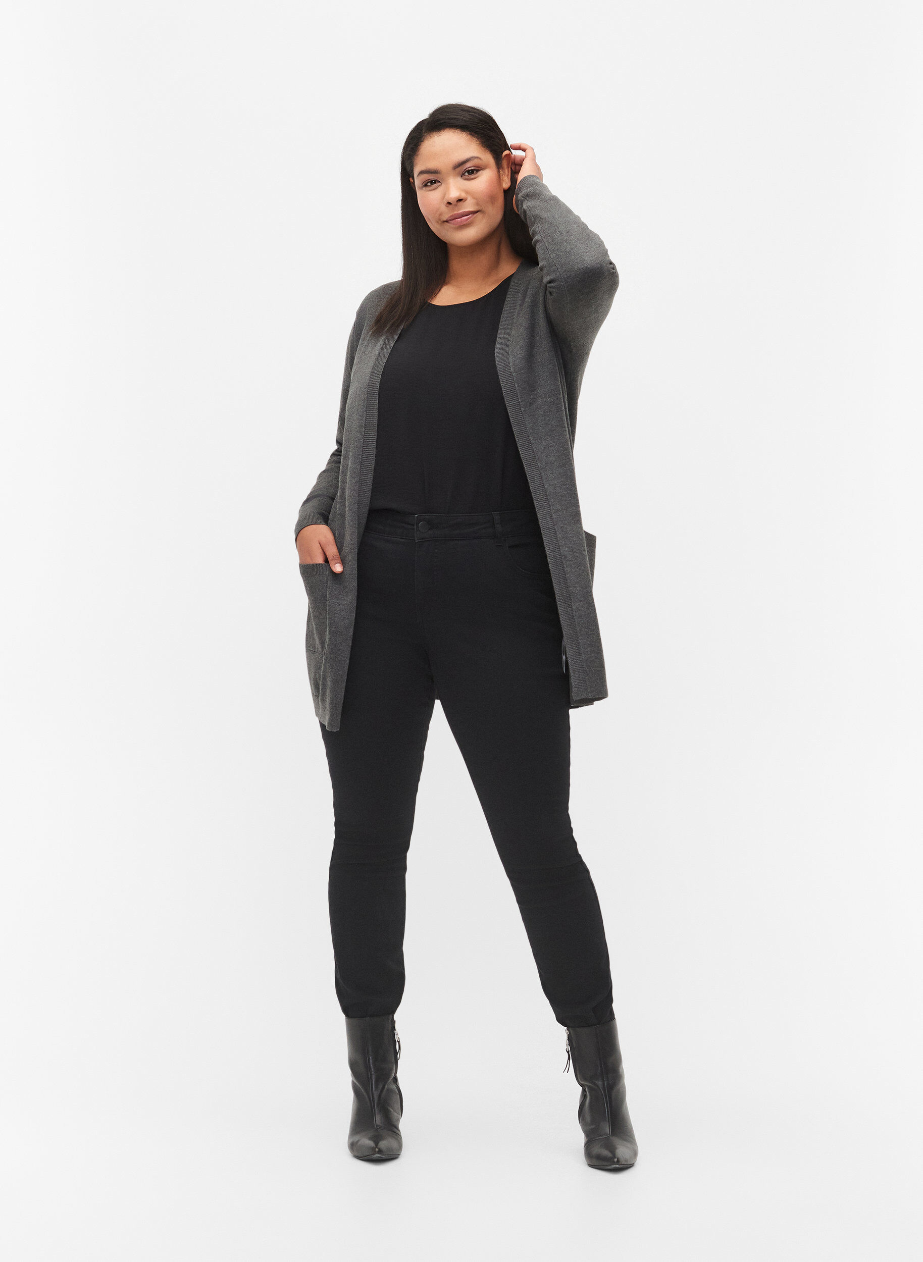 Zizzi Long cardigan tricot&eacute; en m&eacute;lange de viscose, Gris anthracite, Model image number 1
