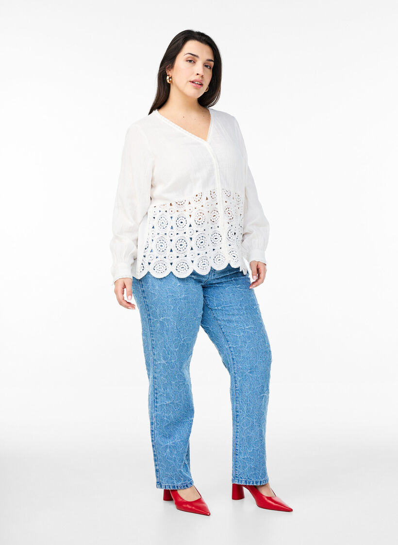 Chemise blouse en mousseline de coton avec détails en crochet, Vanille, Model image number 1