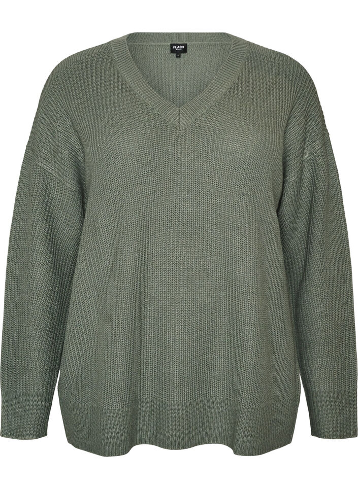 Blouse longue en maille c&ocirc;tel&eacute;e avec col en V, Vert fonc&eacute;, Packshot image number 0