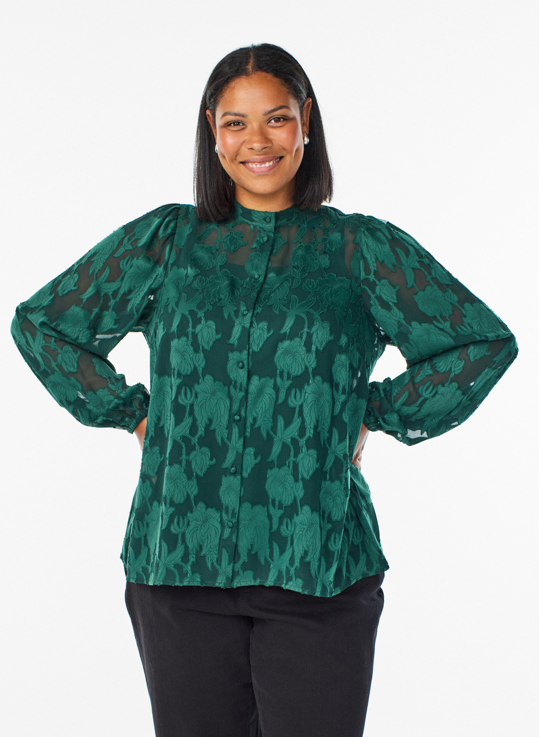 Blouse avec boutons et motif fleuri, Vert fonc&eacute;, Model
