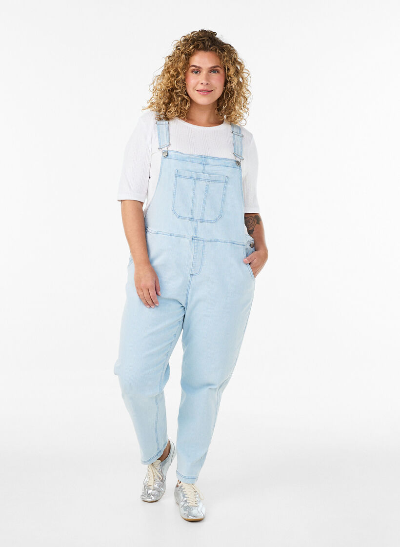  Salopette en jean ray&eacute;e, Bleu Clair, Model image number 0