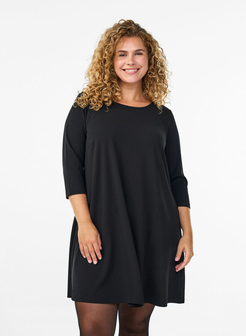 Robe courte &eacute;vas&eacute;e &agrave; manches 3/4, Noir, Model image number 0