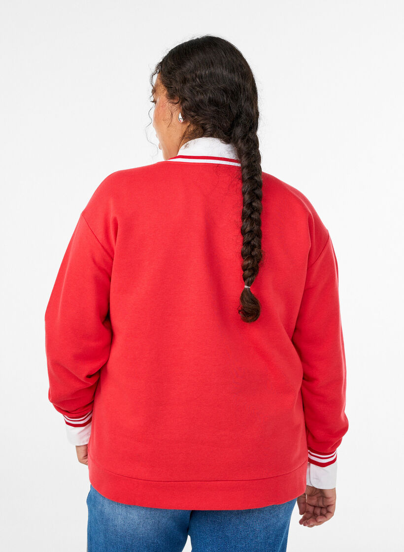 Sweatshirt avec col en V et imprimé texte, Rouge, Model image number 2
