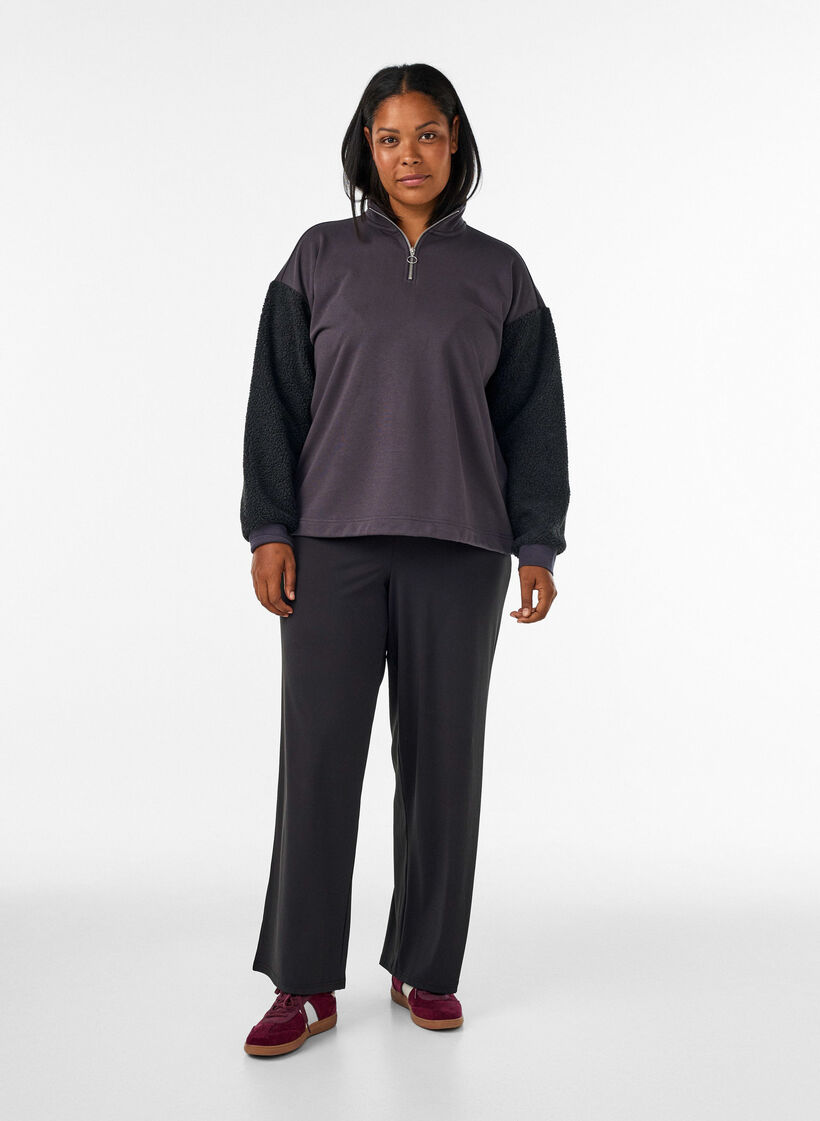 Sweatshirt avec manches en mati&egrave;re teddy et col montant, Gris anthracite, Model image number 1