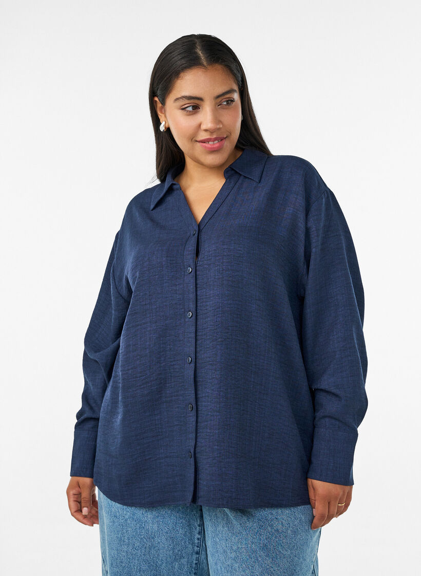 Chemise ample avec col en V, Bleu, Model image number 0