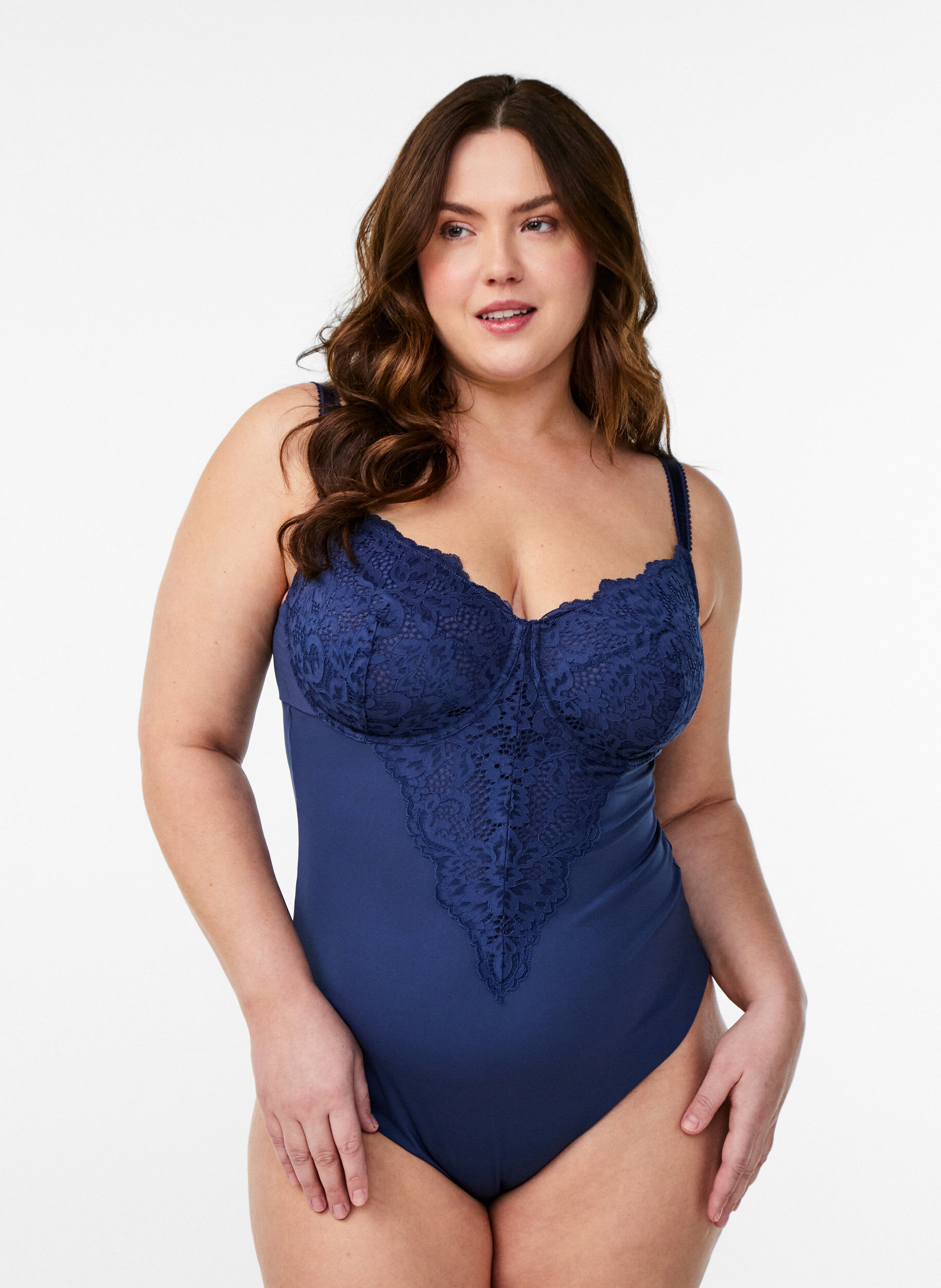 Zizzi Bodystocking avec armatures et dentelle, Bleu, Model image number 0