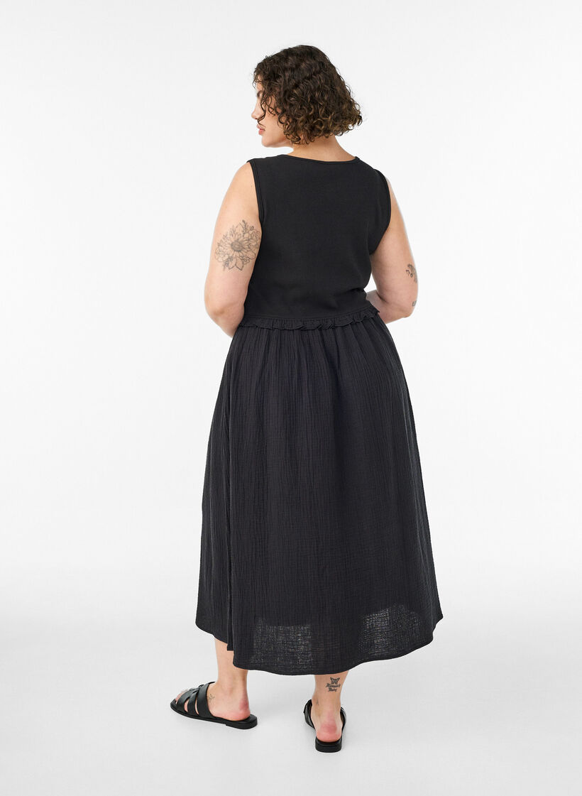 Robe midi sans manches en coton avec maille c&ocirc;tel&eacute;e et mousseline, Noir, Model image number 1