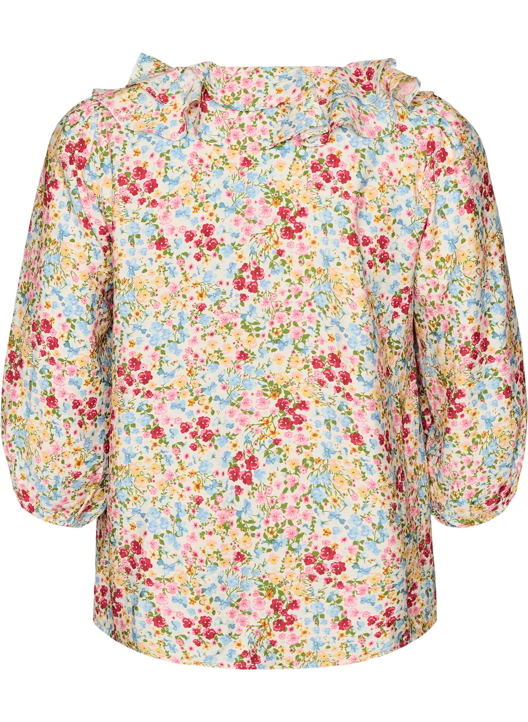 ZizziBlouse en viscose &agrave; imprim&eacute; floral et manches 3/4, Bleu, Packshot image number 1