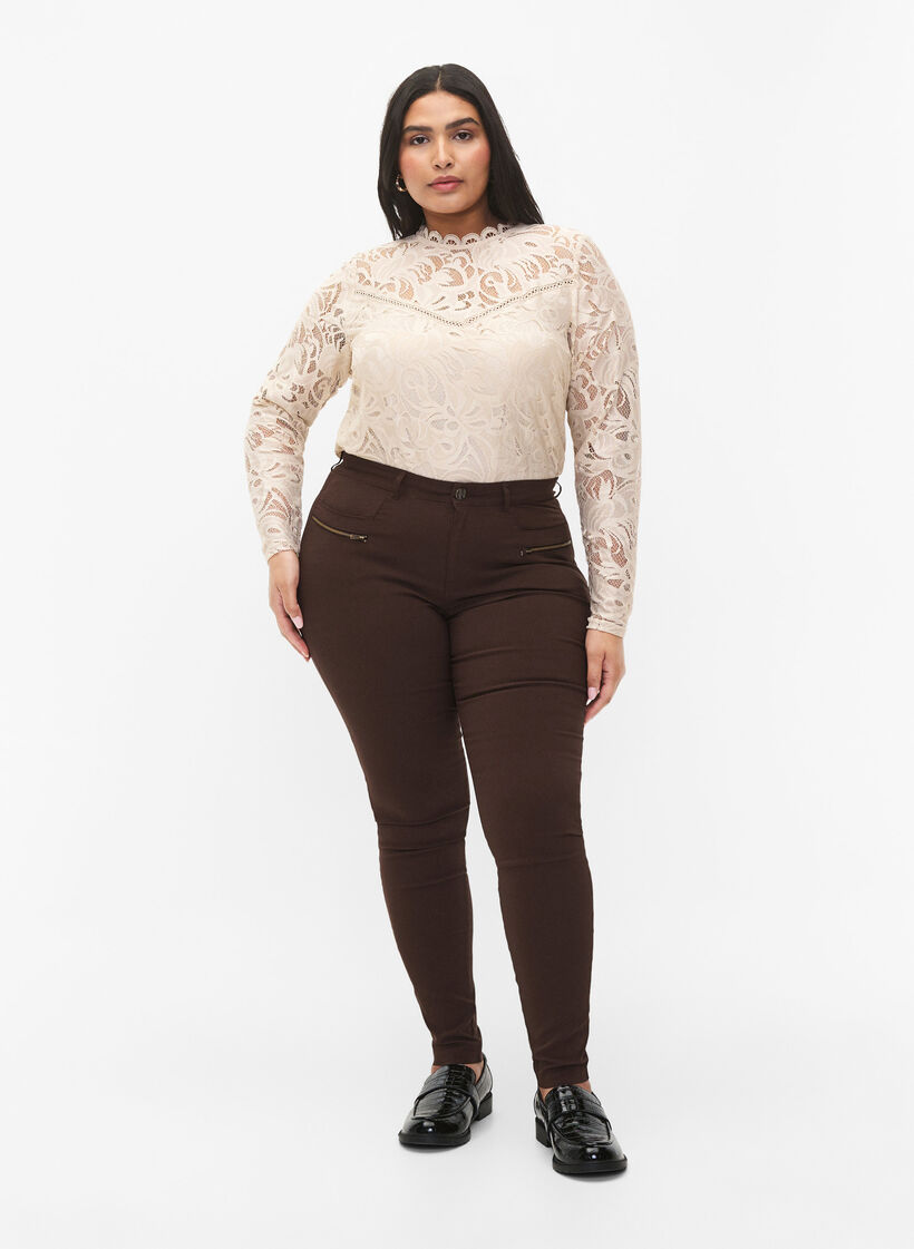 Pantalon moulant avec détails de fermetures éclairs , Marron, Model image number 0