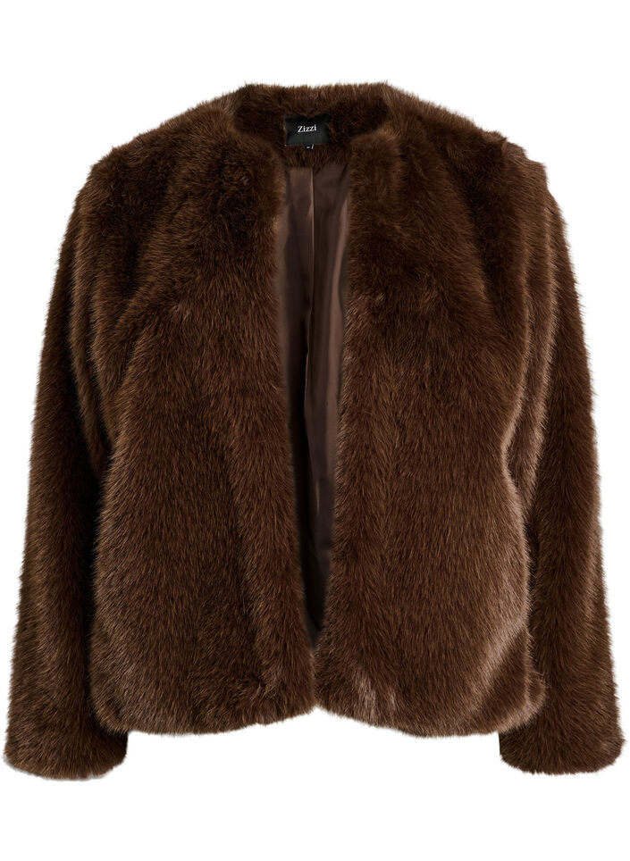 Veste courte en fausse fourrure ouverte sur le devant, Marron, Packshot
