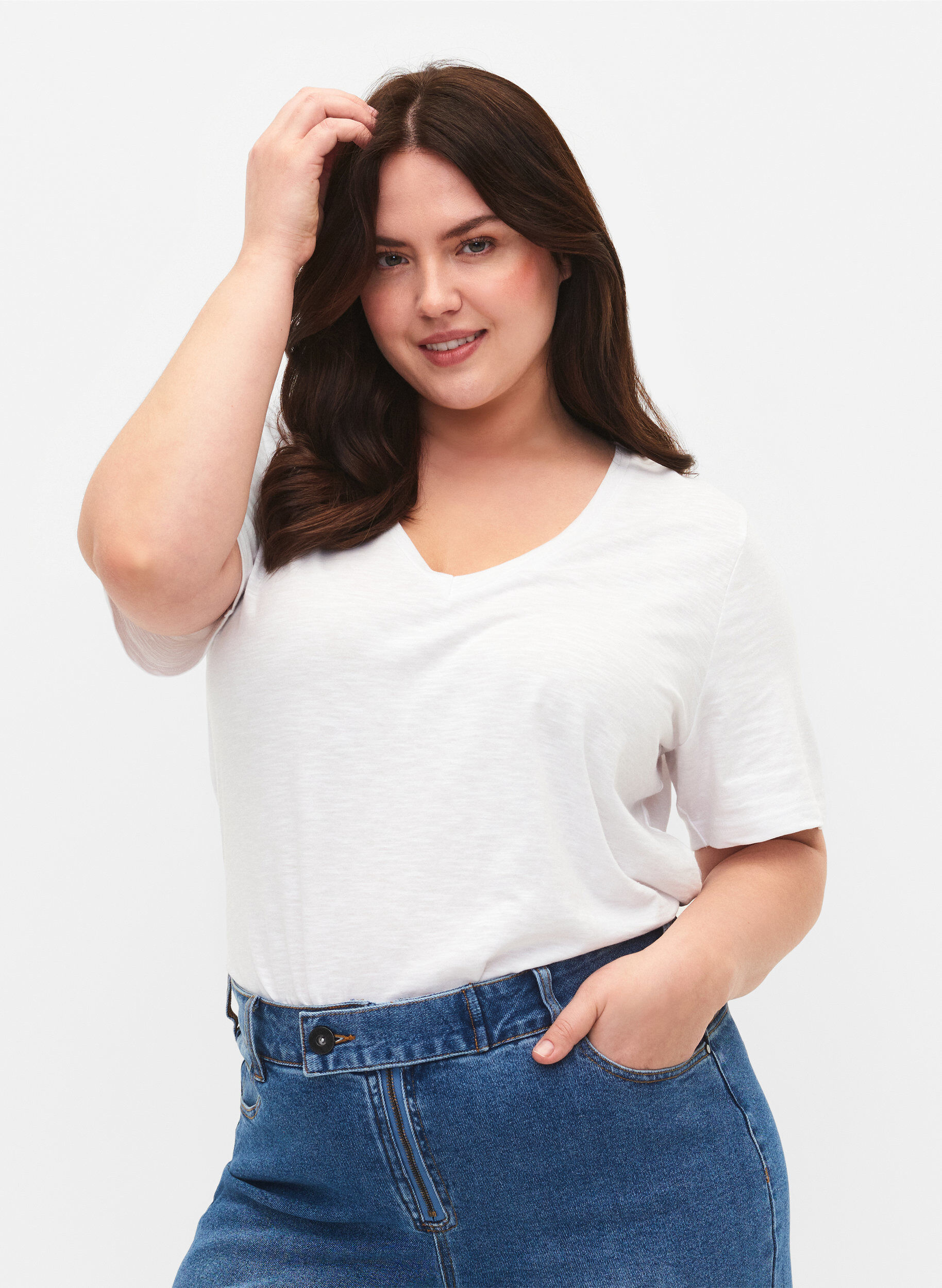 T-shirt basique &agrave; manches courtes et col en V, Blanc, Model