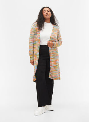 Long cardigan en maille à motifs en coton mélangé, Multi Color, Model image number 2