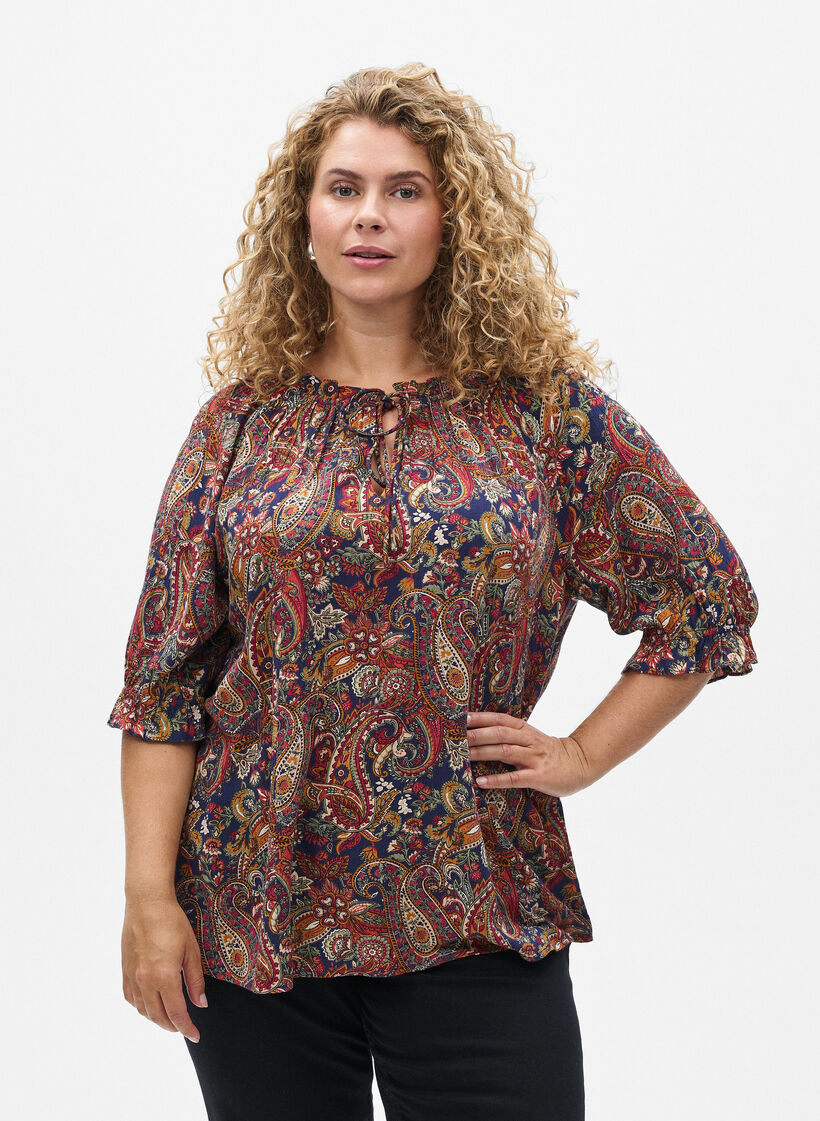 Blouse en viscose &agrave; imprim&eacute; paisley et manches coudes, Bleu, Model image number 0