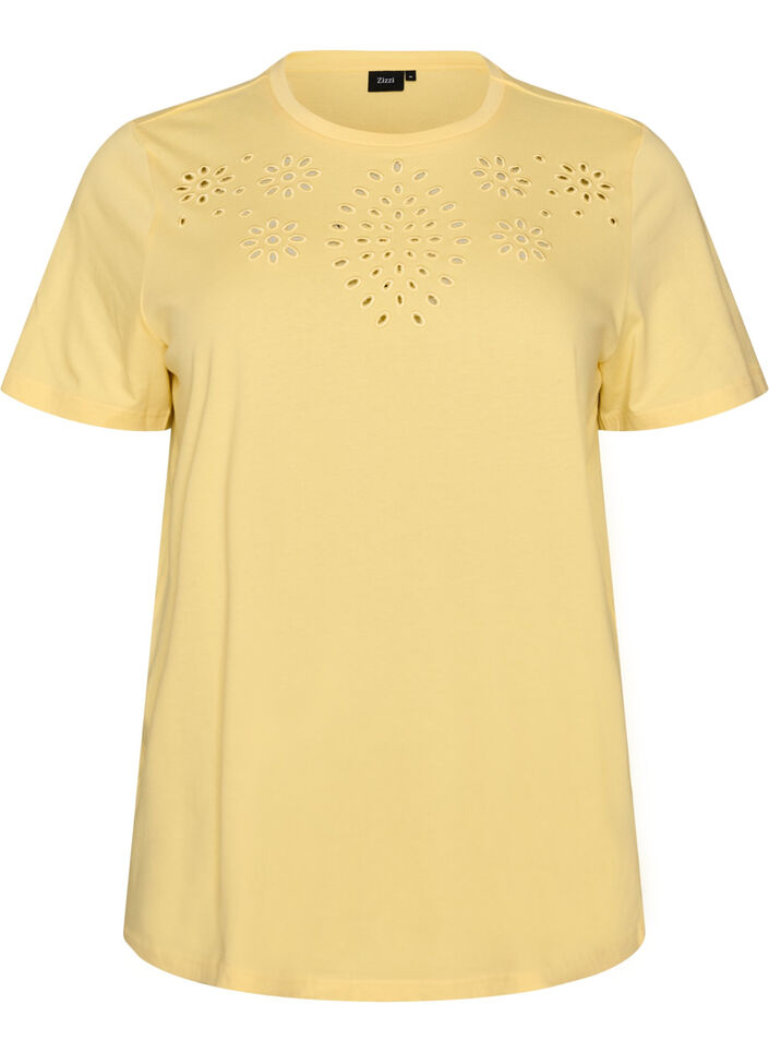 T-shirt en coton biologique avec broderie ajour&eacute;e, Jaune clair, Packshot image number 0