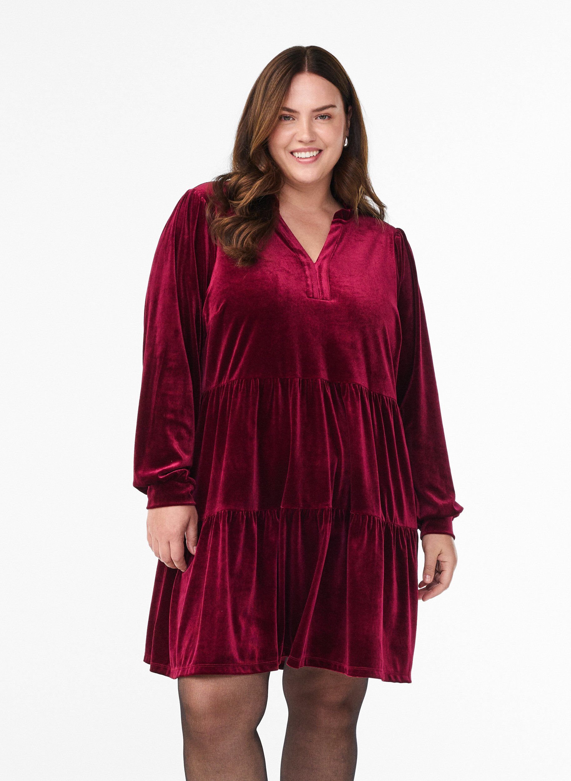 Robe courte en velours avec un col &agrave; volants et des manches longues, Rouge, Model
