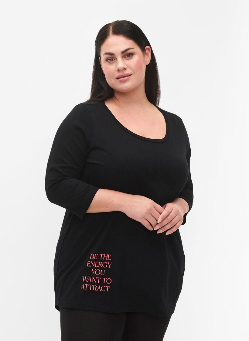 T-shirt en coton à manches 3/4, Black, Model image number 0